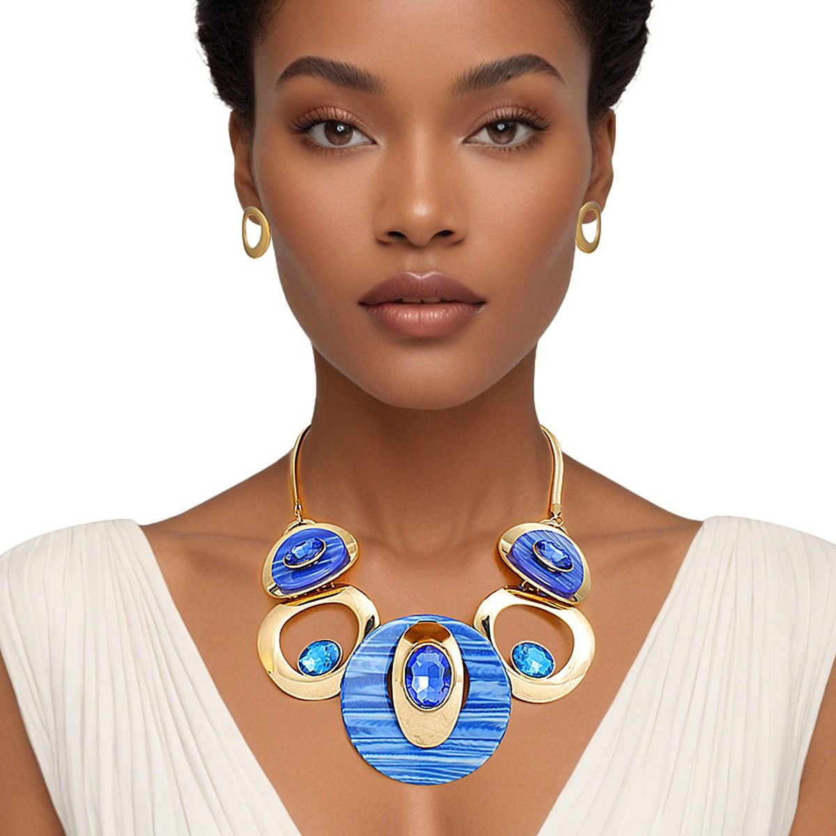 Necklace Gold Blue Circular Bib for Women