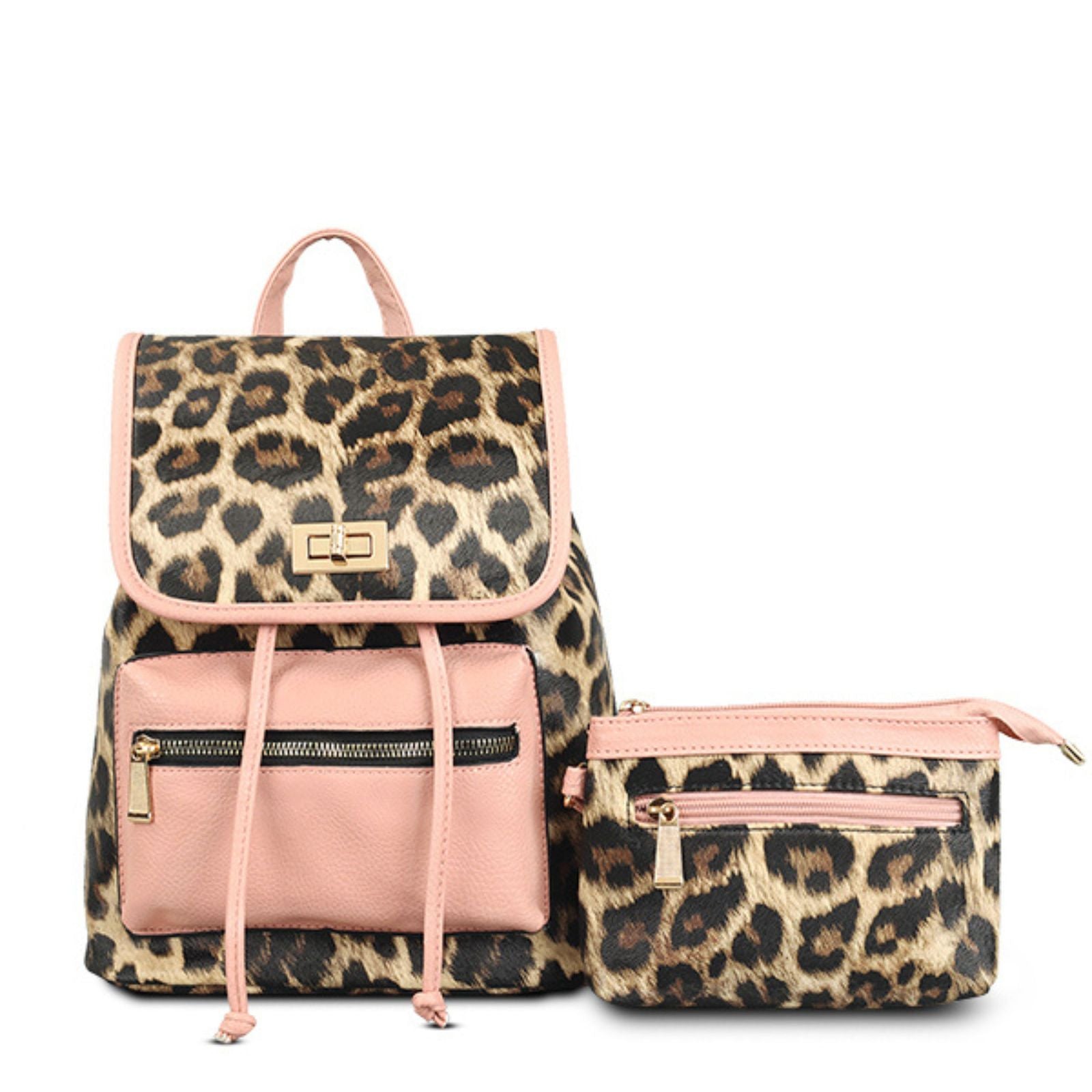 Backpack Leopard and Pink Flap Bag Set for Women