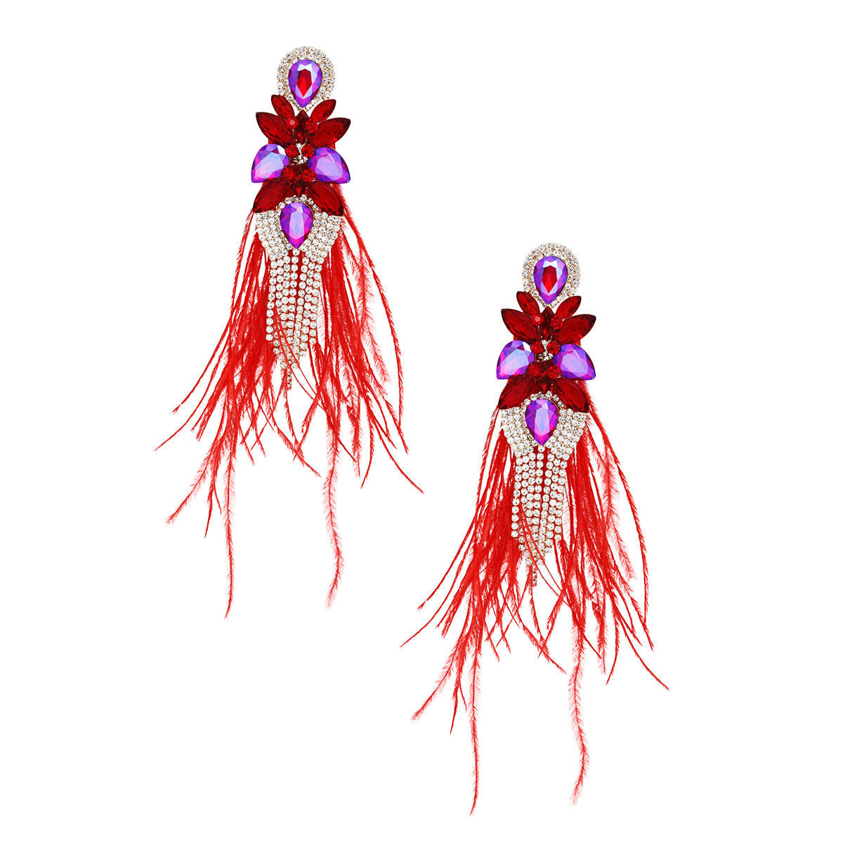 Tassel Red Feather Glass Earrings for Women