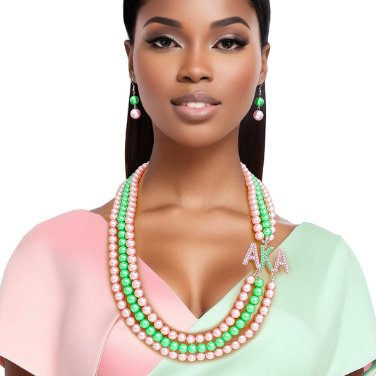 AKA Sorority Pink Green Long 3 Row Brooch Necklace