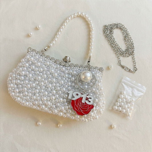 DST White Pearl Clutch with 1913 and Flower Charms
