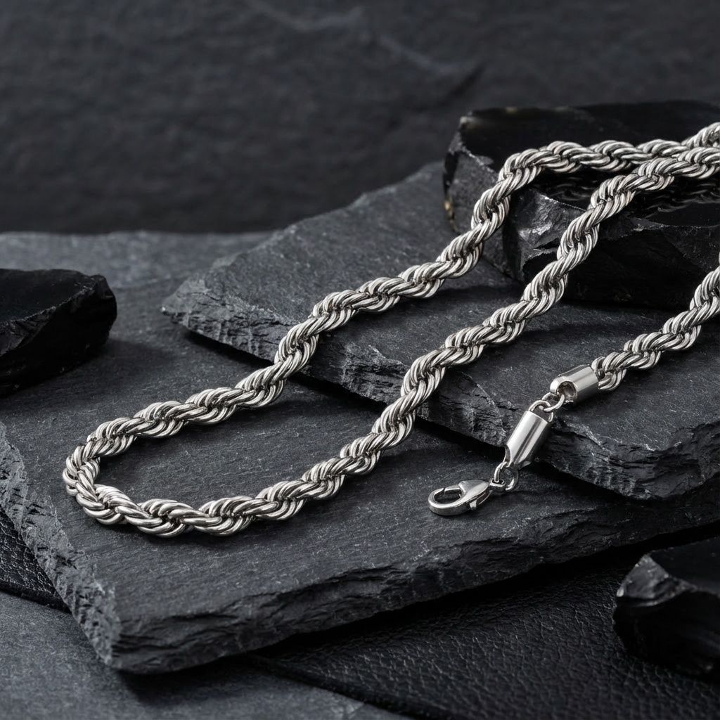 Mens 20in 8mm Silver Stainless Steel Rope Chain