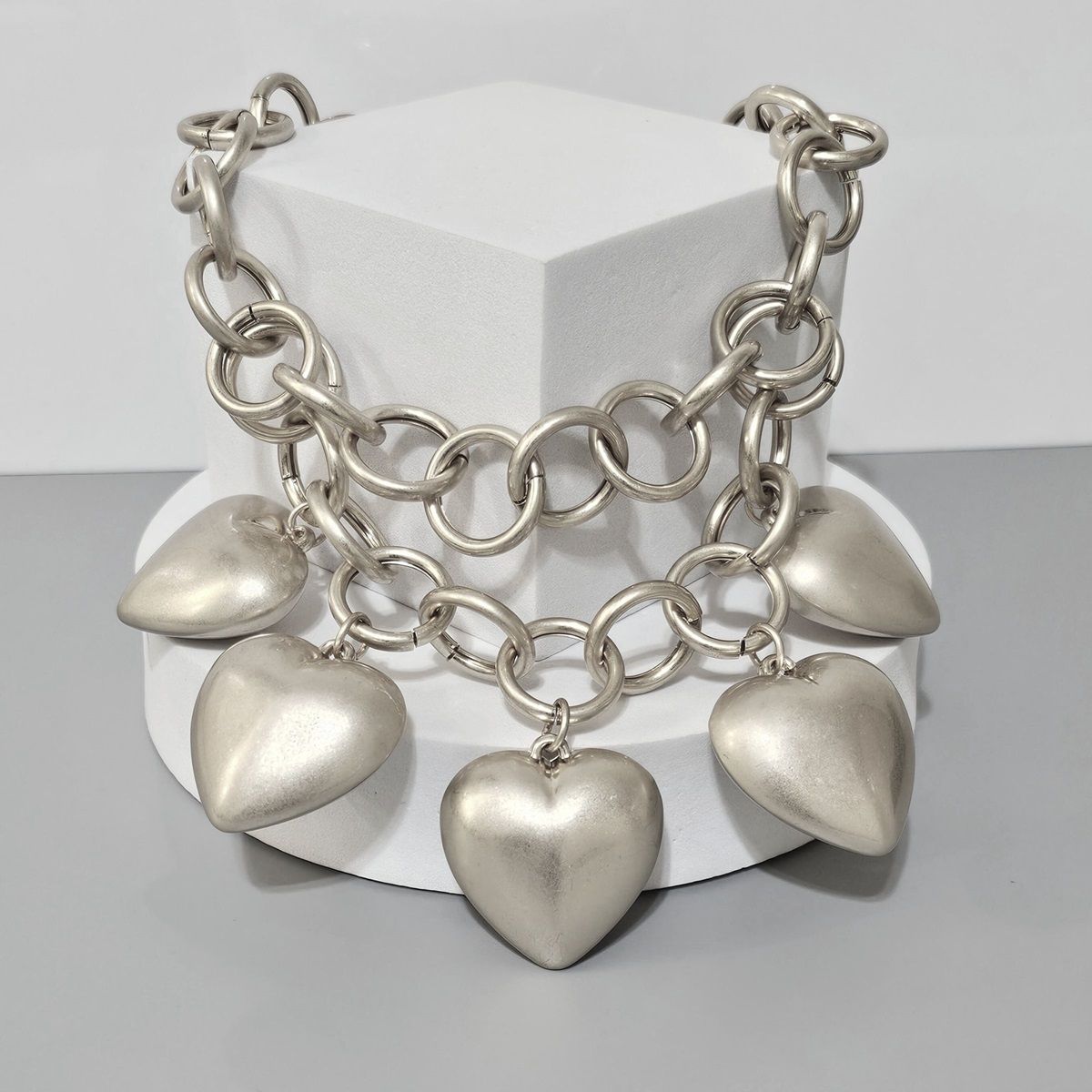 Chain Chunky Matte Silver Puffy Heart Necklace