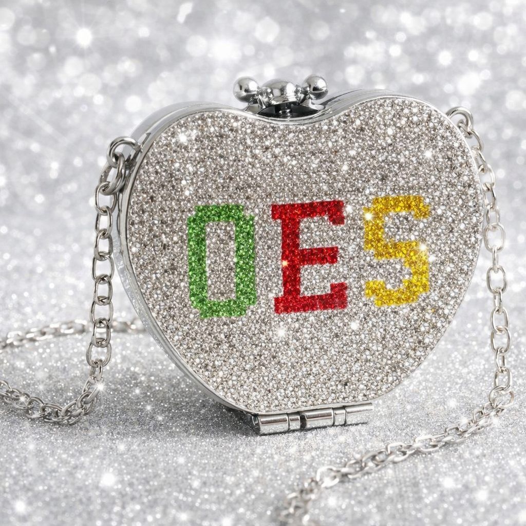 OES Mini Rhinestone Heart Crossbody Compact