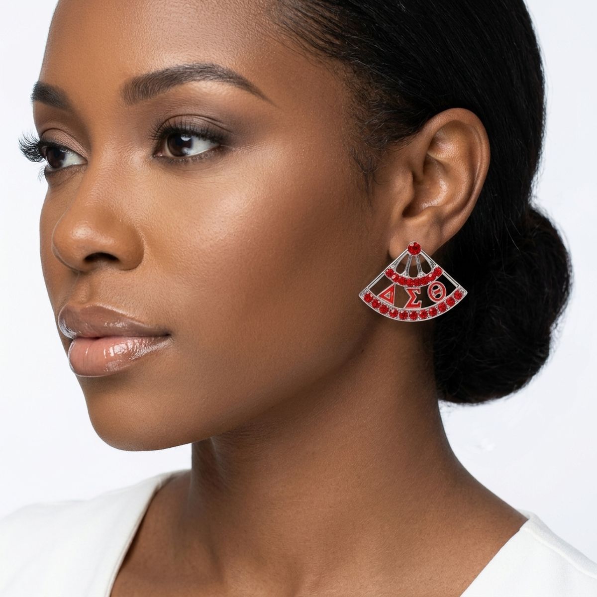 DST Sorority Greek Red Silver Fan Stud Earrings