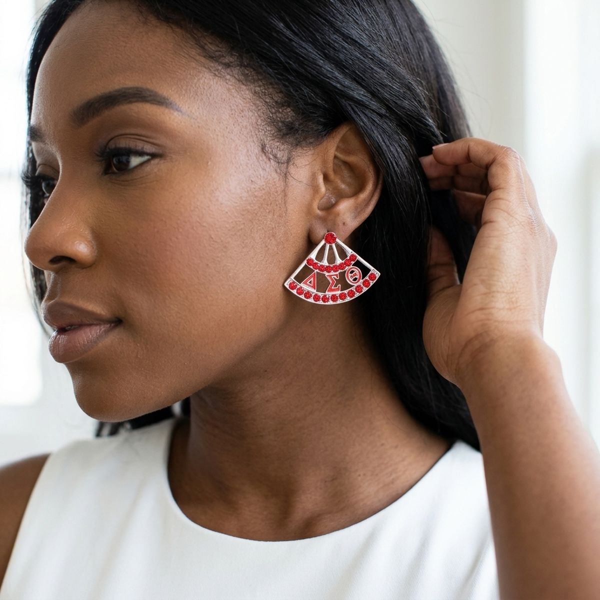 DST Sorority Greek Red Silver Fan Stud Earrings
