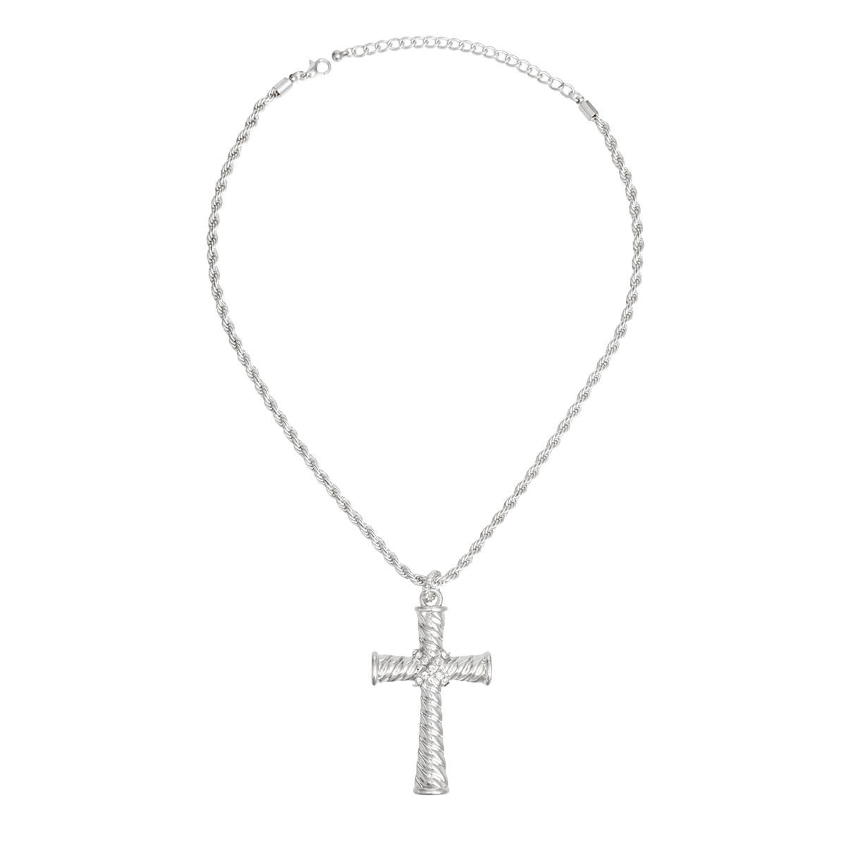 Necklace Silver Rope Chain Ridged Cross for Women