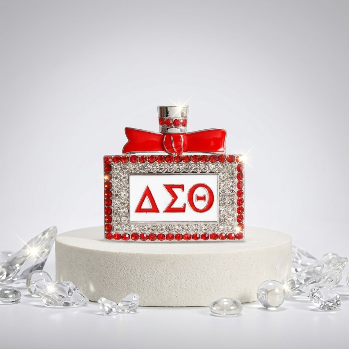 DST Red and White Rhinestone Perfume Brooch